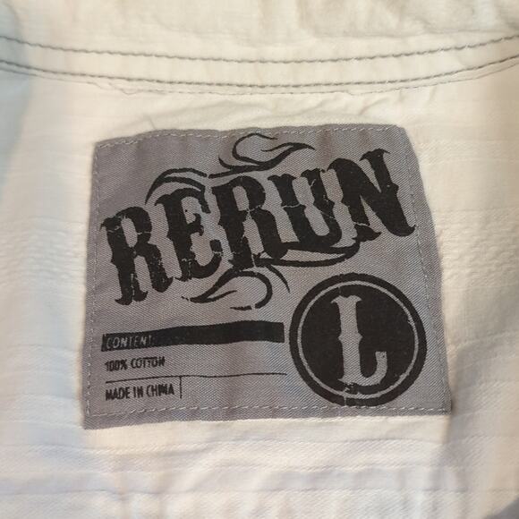 Rerun Mens White Button Front Shirt Roll Tab Sleeves Pearl Snap Large Western - Picture 2 of 8